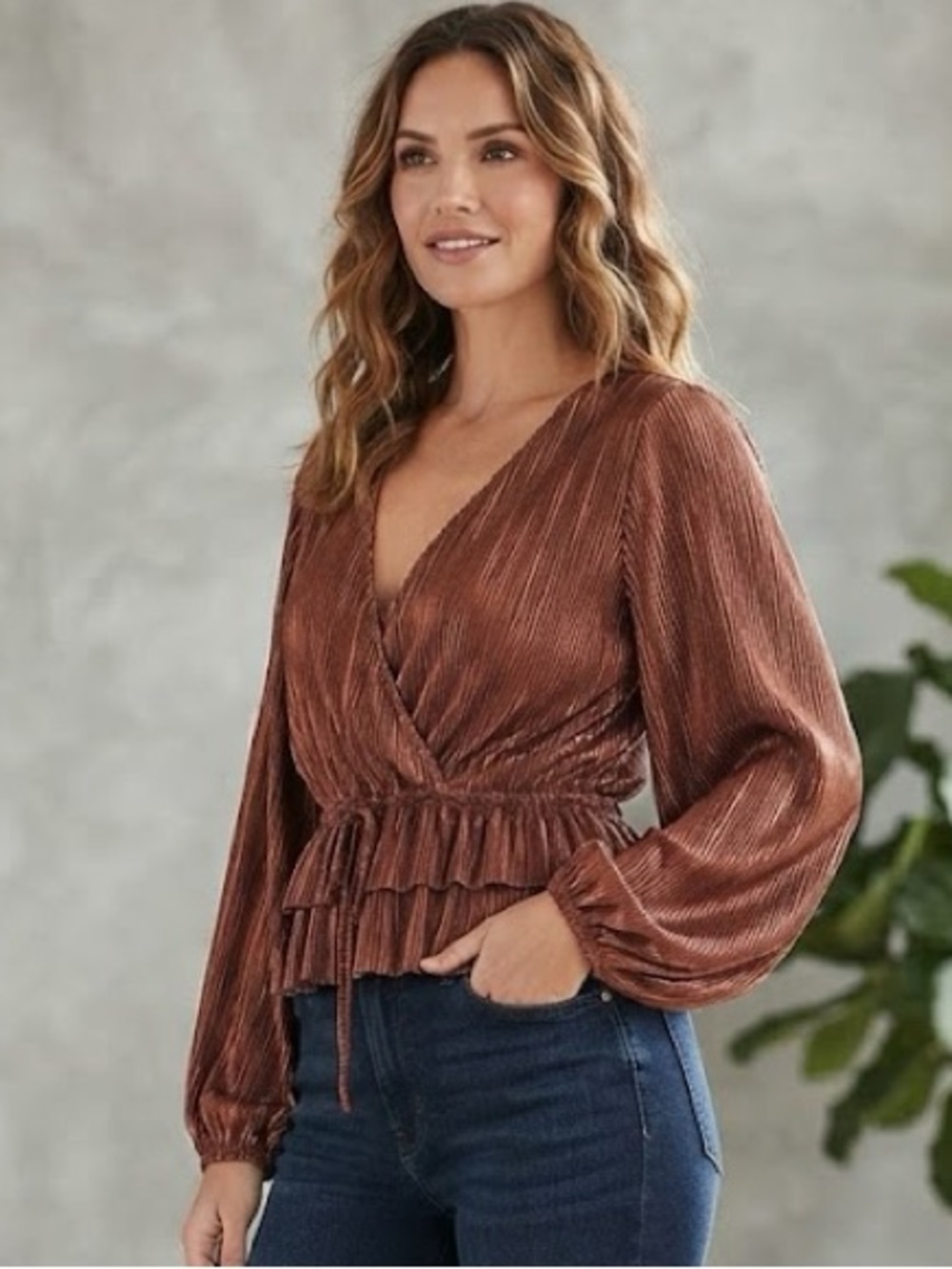 Zara Brown Faux Wrap Micro Pleated Peplum Blouse with balloon sleeves Size Small